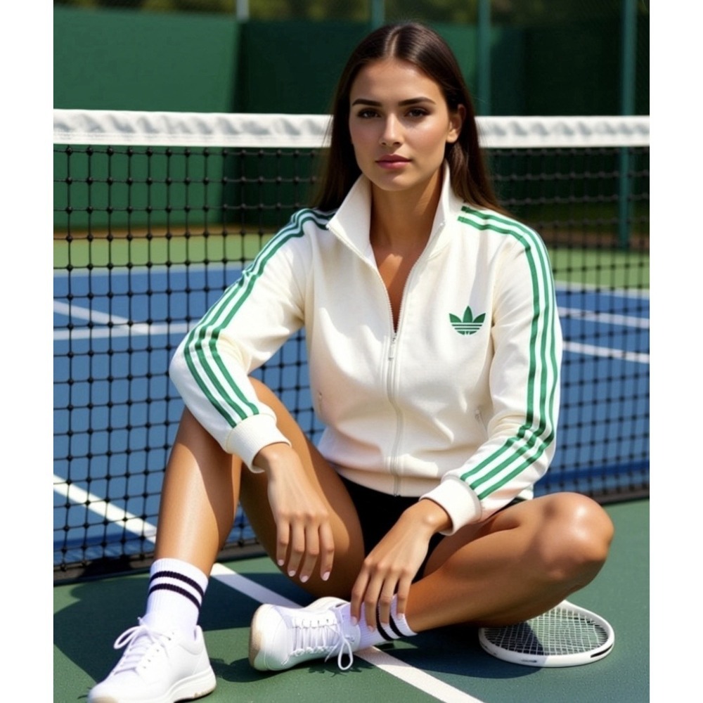 Adidas Originals Womens Track Jacket Cream Green Trefoil 3-Stripe Full Zip